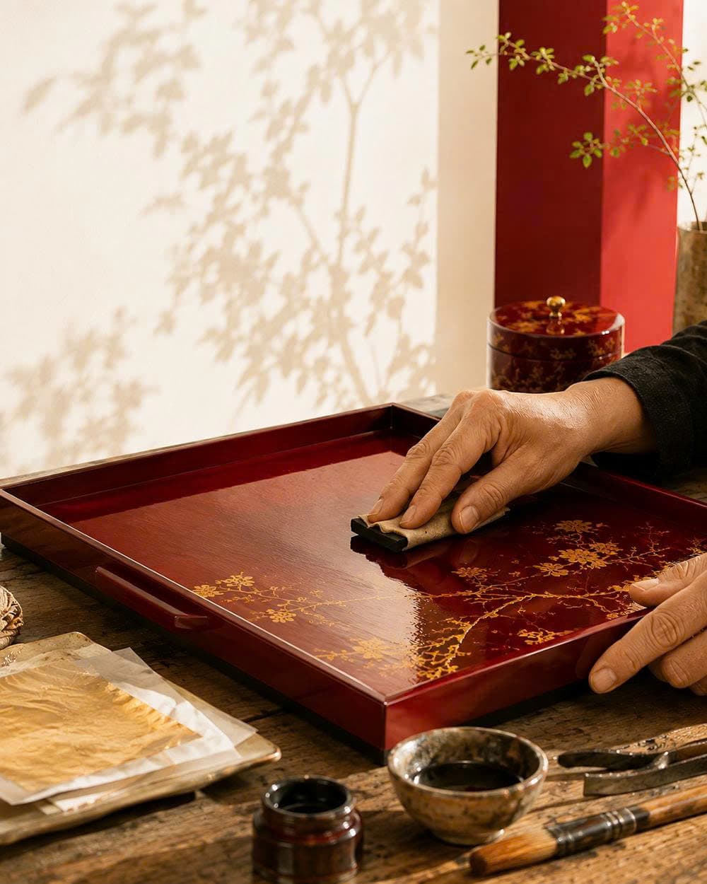 Nghệ nhân đánh bóng khay sơn mài đỏ vẽ hoa thếp vàng, bên cạnh là những lá vàng quỳ